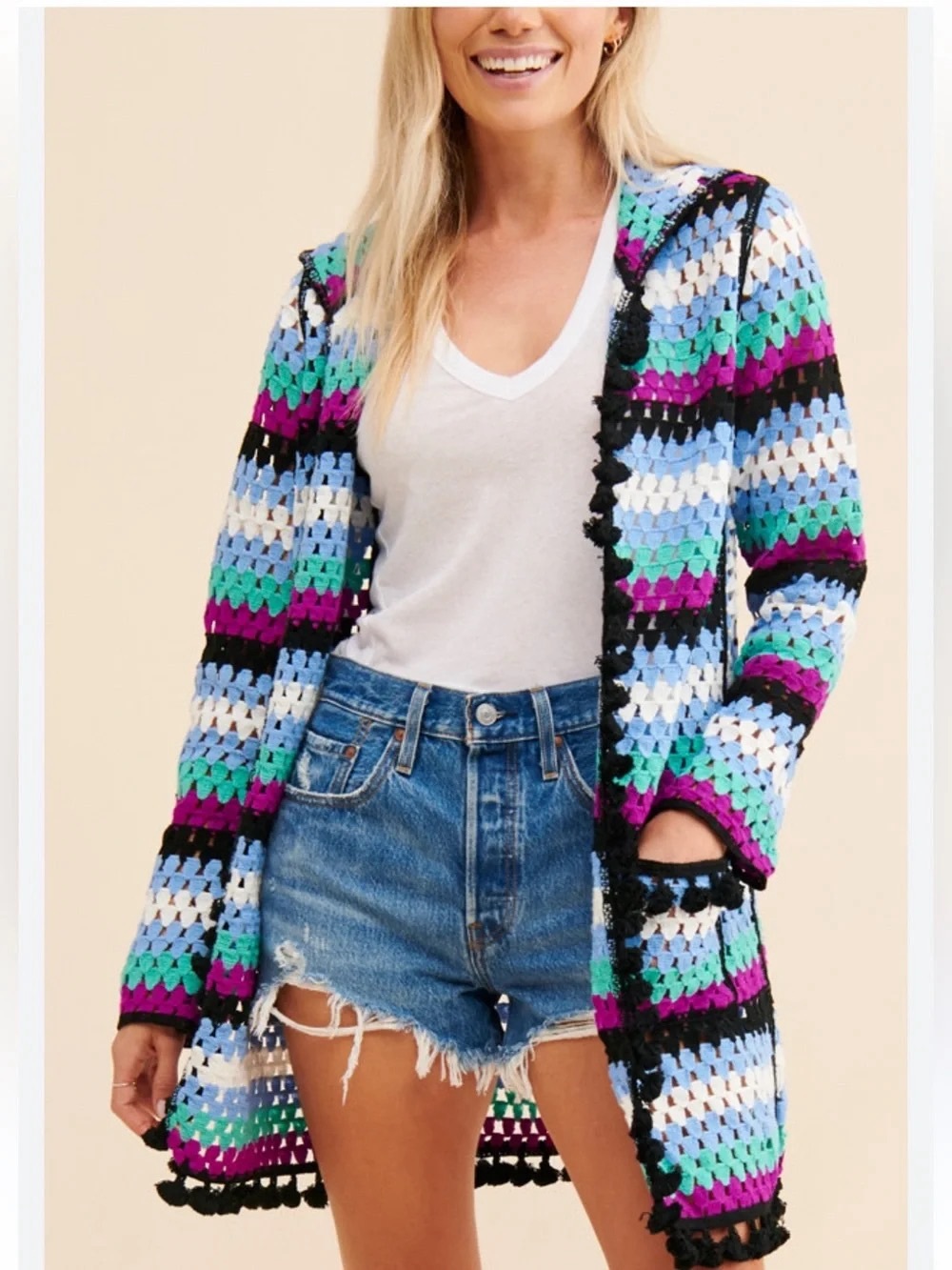 FREE PEOPLE Free the Roses Multicolor Hooded Crochet Stripe Cardigan